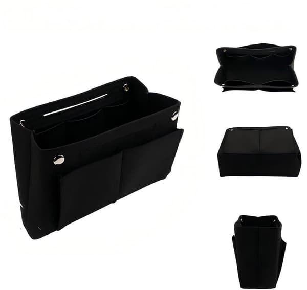 Filt Taske Organizer Indsats Med Flere Lommer Og Trykknaplukning Til Håndtasker, Indkøbstasker Og Rejser, Grå, Medium 24 x 18 x 8,5 cm