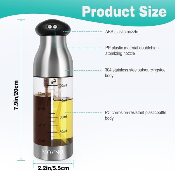 2-i-1 Oliespray til Madlavning, 90ml+90ml Dobbeltkammer Olie- og Eddikeflaske, Olivenoliedispenser til Airfryer Eddike
