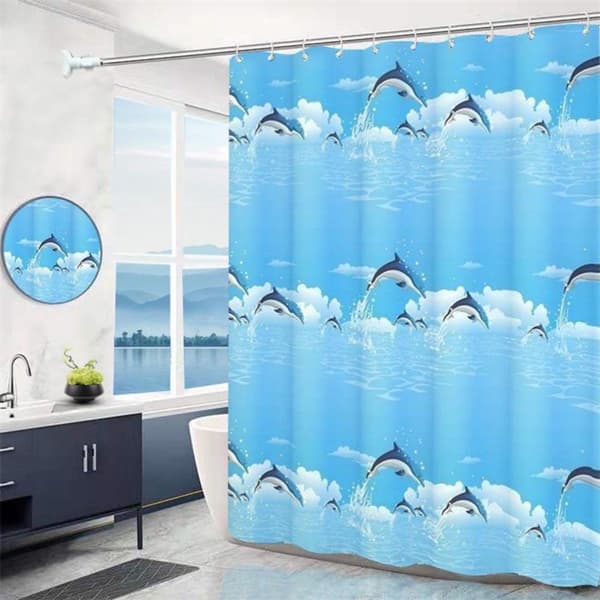 Duschdraperi, Vattentätt PEVA Snabbtorkande Mögelresistent Med 12 Ringar, Badrumsdusch Och Badkar, Blå Delfin, 200 x 200 cm