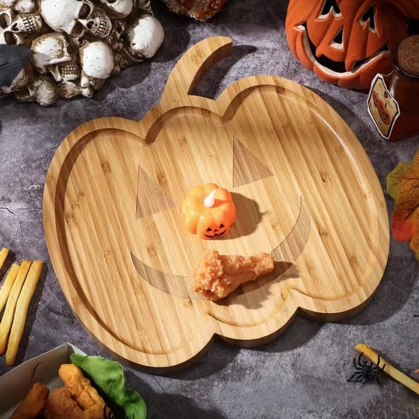 Halloween pumpaformade bambutallrikar, återanvändbara serveringsfat för barnkalas, snacks och desserter, 2-pack, 20 cm
