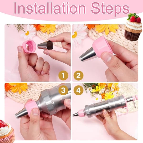 Kakedekorasjonssett, 8-dels sett med sprøytepistol, 6 rustfrie ståltupper og 2 koblinger, for kaker, cupcakes og kjeks, gul