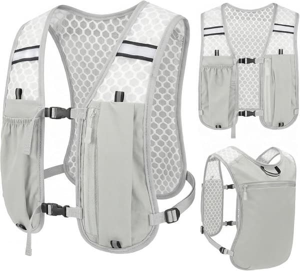 Løbevest, åndbart polyesternet, reflekterende striber, justerbar pasform, unisex til løb, vandreture og cykling, grå