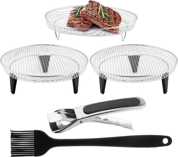 Airfryer tilbehør, 3-lags stabelbar tørrestativ, rustfrit stål med oliebørste og klips, passer til 4,2-5,8 QT