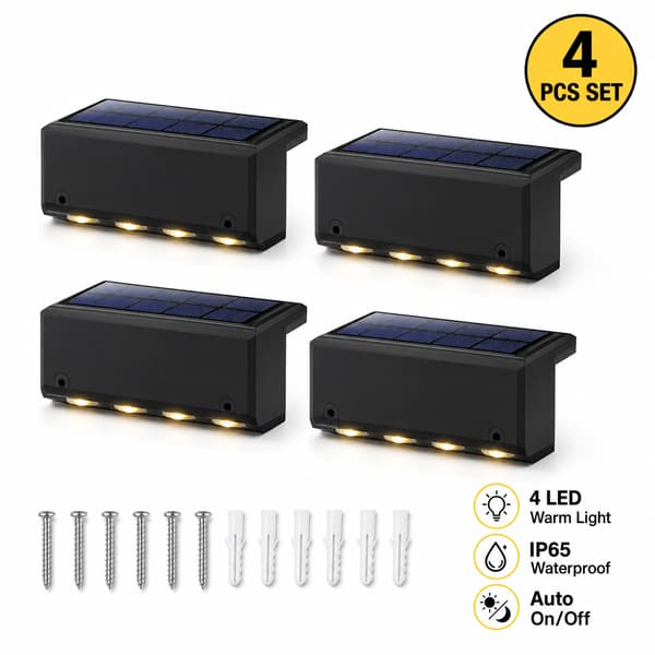 Sæt med 4 4-LED Solar Hegnslamper, Lyse Varme Udendørs Dækslamper, Sort 4 lights (warm light) Four packs