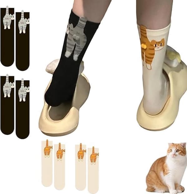 Roliga 3D Kattsockor för Kvinnor, Bekväm Bomull, Presenter till Kattälskare, 4 Par