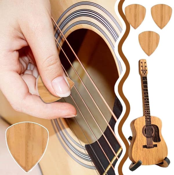 Gitarrplektrumfodral i trä med 3 plektrum och stativ, bärbar förvaringslåda för gitarrister och ukulelespelare