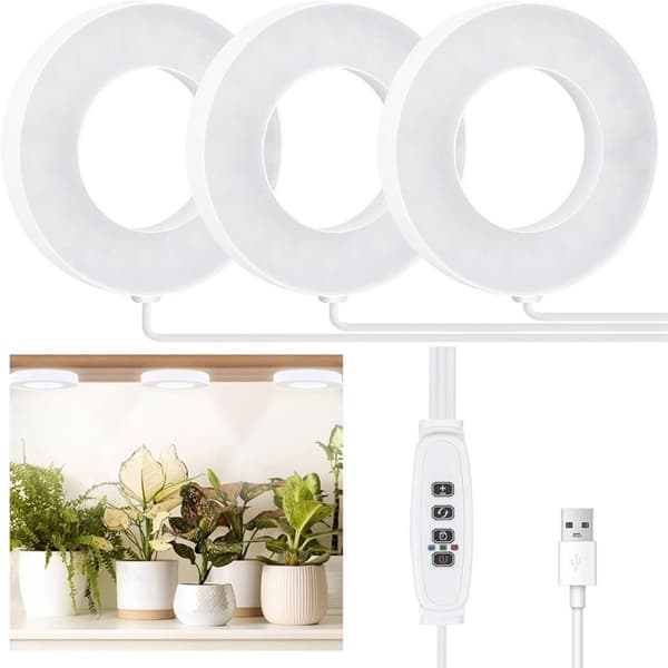 LED vækstlys, fuldspektrum 144 LED'er, 10-niveau dæmpning, 4/8/12H timer, USB 5V, til små indendørs planter, hvid, 19 x 12 x 4 cm