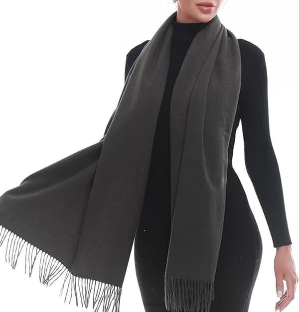 Dame vevd skjerf, myk imitasjon kasjmir polyester, varmt frynset sjal for høst vinter, mørkegrå, 70 x 200 cm Dark Heather Grey