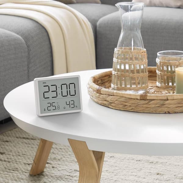 Digital hygrometer termometer väckarklocka, LCD temperatur- och luftfuktighetsmätare, magnetfäste, 12/24 timmar, hemmakontor, vit