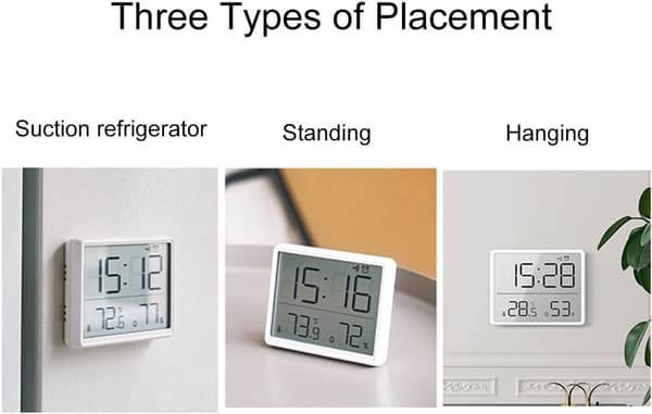 Digital Hygrometer Termometer Vækkeur, LCD Temperatur- og Fugtighedsmåler, Magnetisk Montering, 12/24 Timer, Hjemmekontor, Hvid
