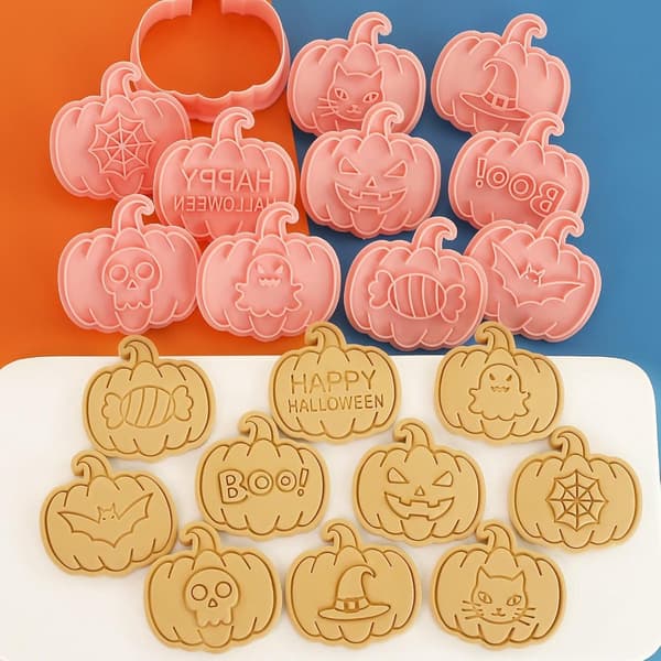 Halloween Cookie Cutter Sæt med 10, 3D Spøgelsesprægede Plaststempler, Græskarværktøj til Kagedekoration (Stil I)