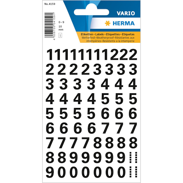 Märketikett Herma Vario 4159 Siffror 0-9, 10mm, Svart, 1 ark/fp Svart