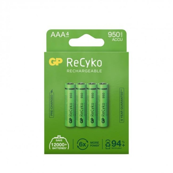 Laddningsbara batterier GP ReCyko, AAA, 1,2V, 950mAh, 4/fp multifärg