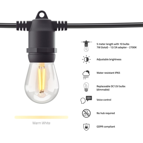 Utomhusbelysning WiFi, Hombli Smart Outdoor Light String, 5m Svart