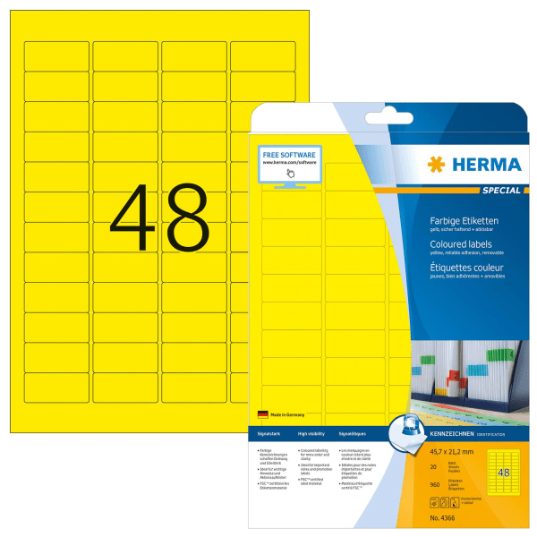 Etikett Herma Special 4366, A4, 45,7x21,2mm, Gul, 20 ark/fp Gul