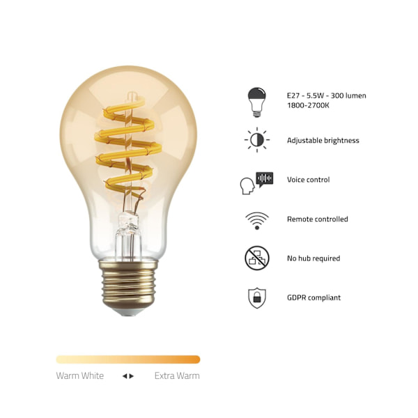 Smart lampa WiFi Hombli Amber A60 E27 LED CCT 5,5W Dimbar Retro Gul