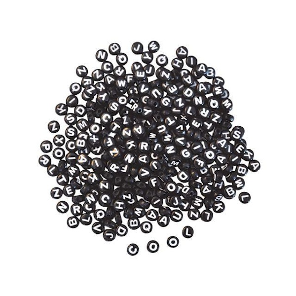 Plastpärlor, Bokstavspärlor A-Z, rund, Ø7,5mm, svart/vit, 500/fp Svart
