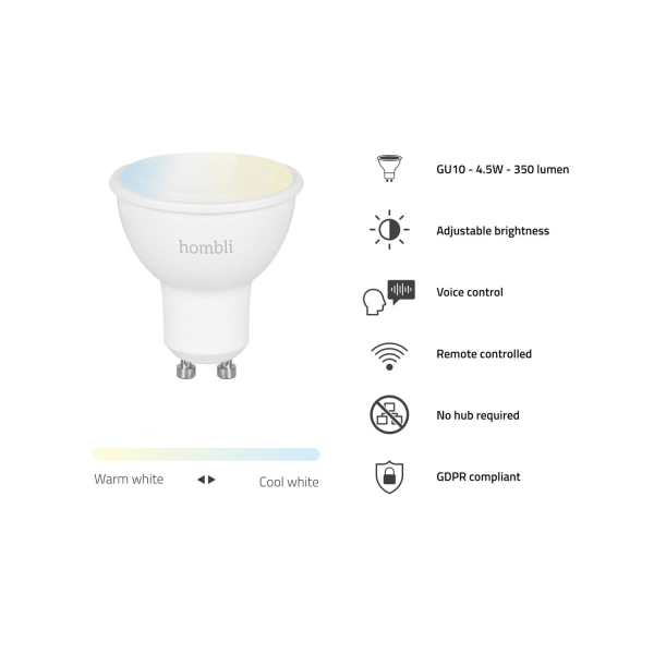 Smart lampa, WiFi, Hombli Smart Spot GU10, LED, CCT, 4,5W Dimbar Vit