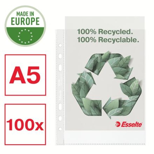 Plastfickor Esselte 100% Återvunnen, A5, 0,07mm, präglad 100/fp Transparent
