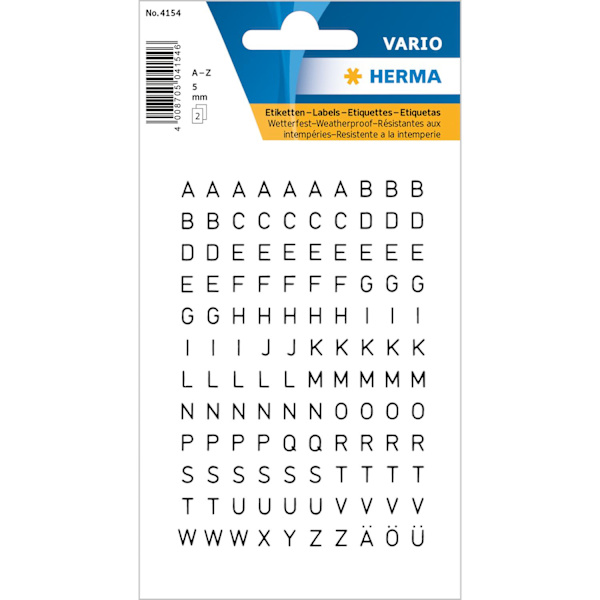 Märketikett Herma Vario 4158 Bokstäver A-Z 10mm, Svart, 1 ark/fp Svart