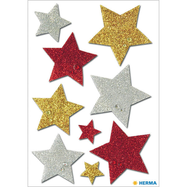 Dekorationsetiketter, Stjärnor, Glitter, Tre färger, 9/fp multifärg