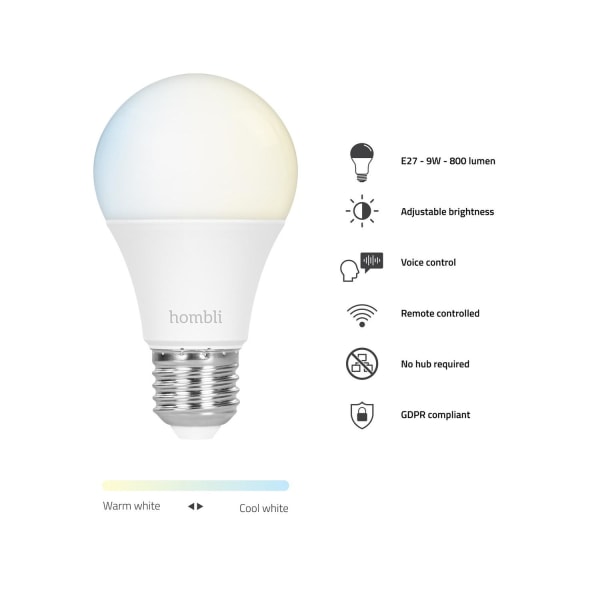Smart lampa, WiFi, Hombli Smart Bulb E27, LED CCT 9W Dimbar 2/fp Vit