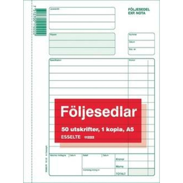 Blankett Följesedlar A5 med kopia (112 22) 2x50 blad 1/fp multifärg