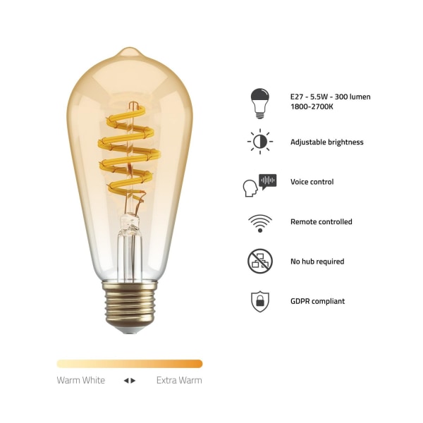 Smart lampa WiFi Hombli Amber ST64 E27 LED CCT 5,5W Dimbar Retro Gul