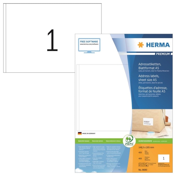 Etiketter Herma, A5 148,5x205mm 400 ark/fp (400 st etiketter) Vit