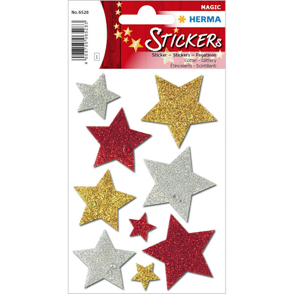 Dekorationsetiketter, Stjärnor, Glitter, Tre färger, 9/fp multifärg