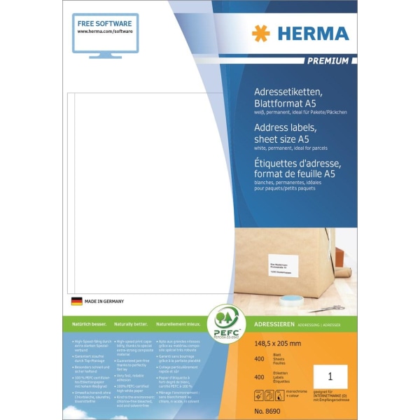 Etiketter Herma, A5 148,5x205mm 400 ark/fp (400 st etiketter) Vit