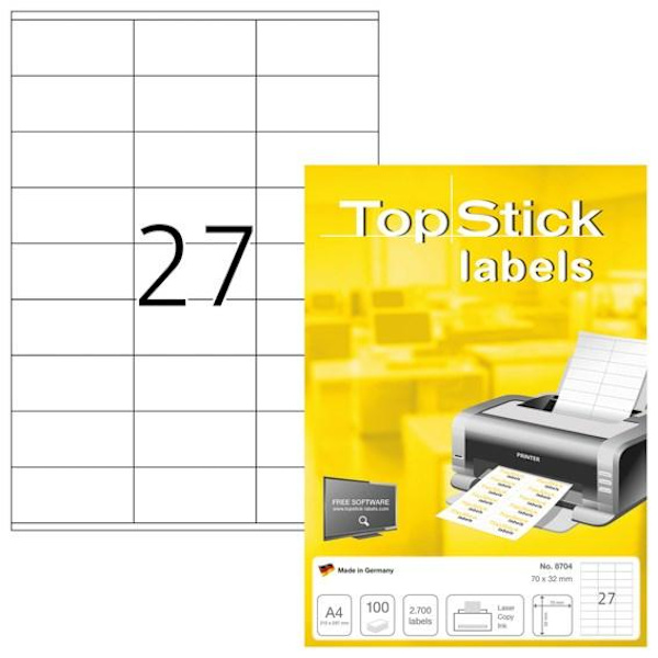 Etikett TopStick universal, A4, 70x32mm Vit, 100 ark (2700 st) Vit