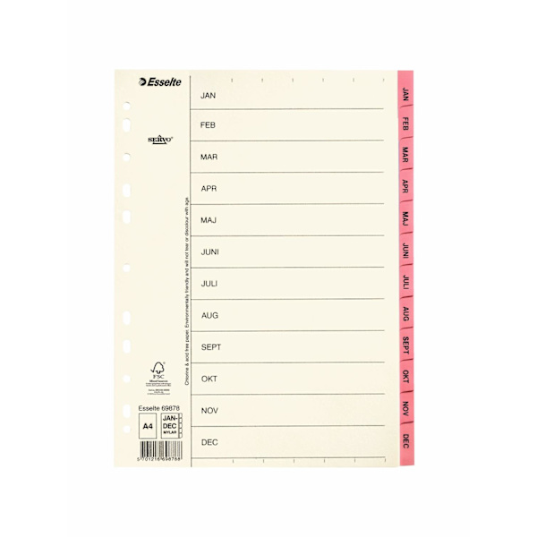 Pärmregister Servo 69878 papper A4, månaderna Jan-Dec Rosa 1/fp Rosa