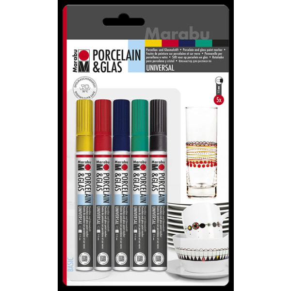 Porslins- &amp; Glasmålningspennor Marabu Basic, 1-2mm, 5 färger multifärg