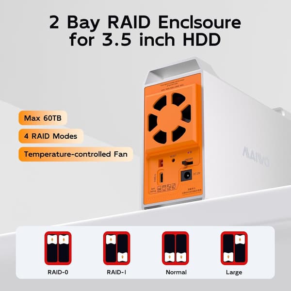 MAIWO 2-bay SATA RAID kabinet til 3,5" HDD, lynhurtig 5Gbps, RAID 1/0/JBOD, 2x30TB