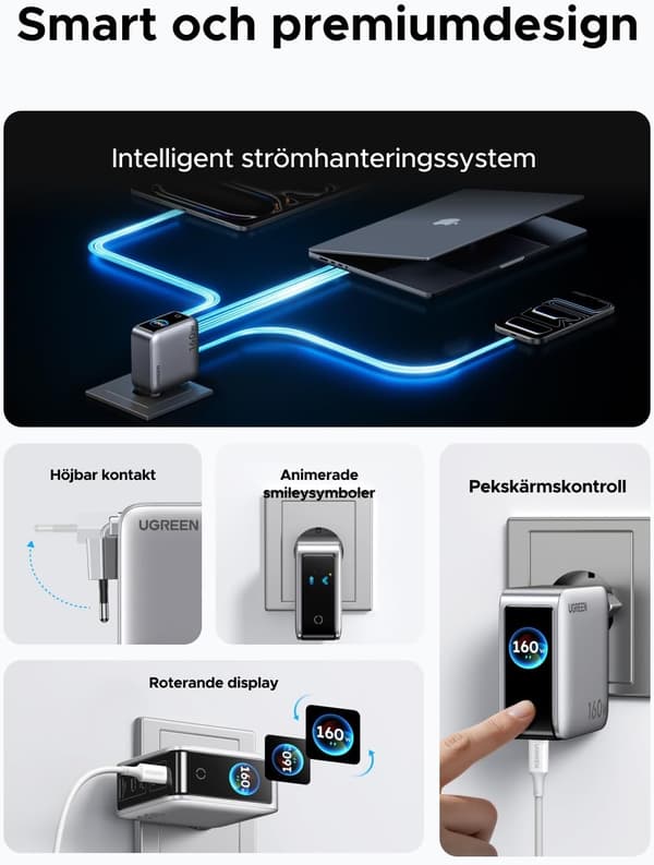 UGREEN Nexode Pro 160W USB-C laddare med 5 portar, 4xUSB-C + 1xUSB-A, Smart-Display och Touchkontroll