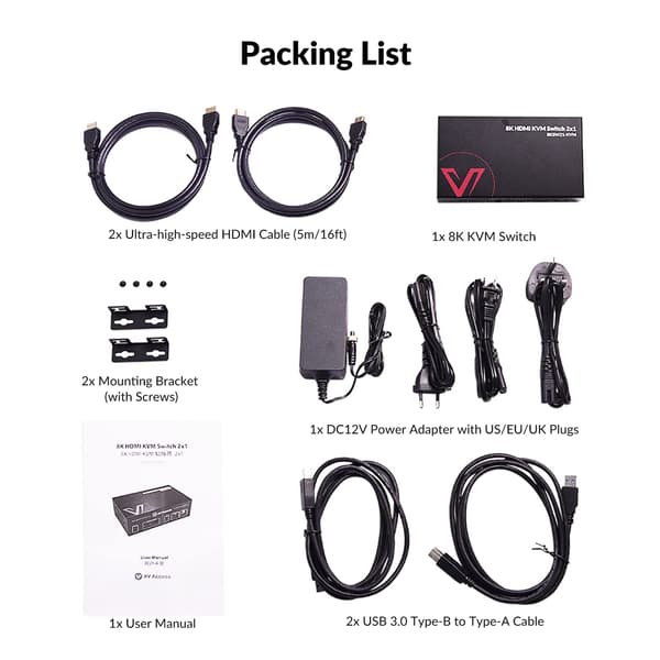 AV Access HDMI 2.1 KVM Switch 2 computere 1 skærm, 8K60Hz, 5x USB-A Black