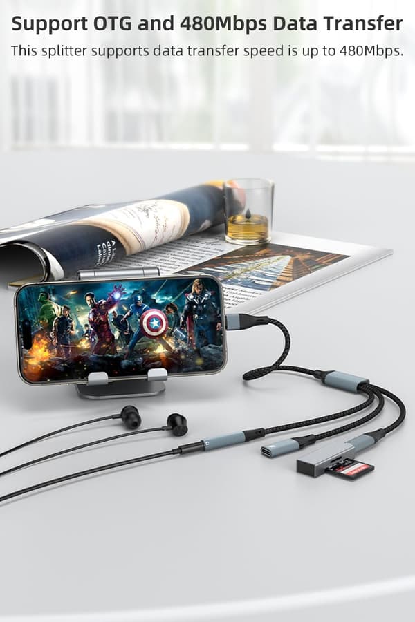 NÖRDIC USB-C-hub 1 til 3, 1xUSB-C 1xUSB-C PD60W 1x3,5mm hovedtelefonstik OTG-kabel
