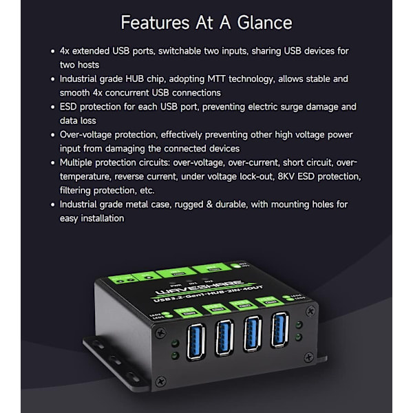 Industriel USB HUB til 2 computere til 4 USB 3.2-porte, skiftbar, monterbar, kompatibel med Windows Linux Mac