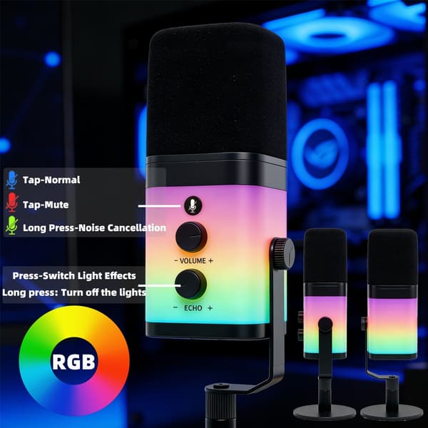 NÖRDIC Professionel RGB-dynamisk mikrofon USB-C, XLR, 3,5mm