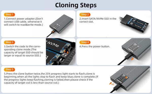 Maiwon K2022CL ulkoinen HDD-kloonikotelo M.2 SATA ja NVMe SSD USB3.2 10Gbps 1:1 HDD Clone