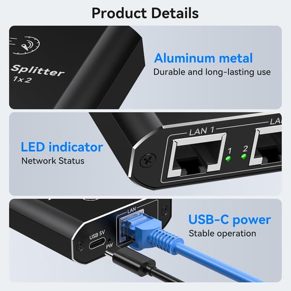 NÖRDIC RJ45-sovitin 1–2 Ethernet Giga 1000Mbps Verkkolaite Black