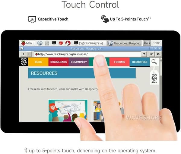 Waveshare 7-tommer touch-skærm til Raspberry Pi 5, 4B, Raspberry Pi 3B+/3B/3A+, CM3/3+/4 og VisionFive2 Core3566, 800 × 480 opløsning med DSI-interfac