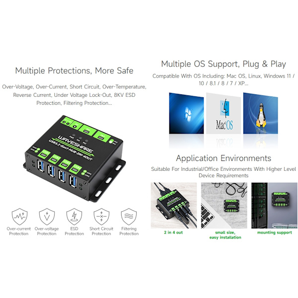 Industriel USB HUB til 2 computere til 4 USB 3.2-porte, skiftbar, monterbar, kompatibel med Windows Linux Mac
