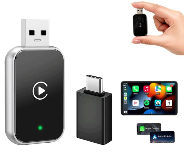 NÖRDIC 2-i-1 trådlös Android CarPlay-dongel, med USB-C-adapter, Plug & Play, WiFi 5,8 GHz, stöder iOS 10+ och Android 11+