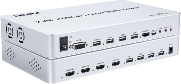 NÖRDIC KVM Switch 4xPC - 1xHDMI 4K 60Hz Quad Multi-Viewer, 4xUSB-A Silver