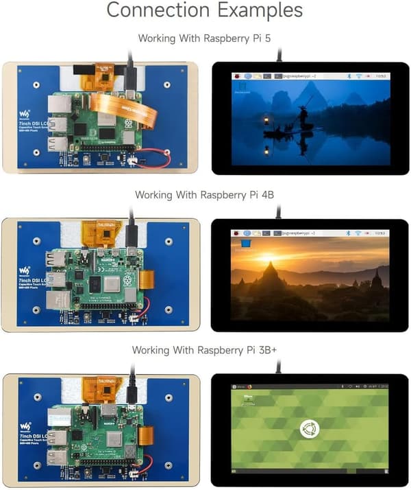 Waveshare 7-tommer touch-skærm til Raspberry Pi 5, 4B, Raspberry Pi 3B+/3B/3A+, CM3/3+/4 og VisionFive2 Core3566, 800 × 480 opløsning med DSI-interfac