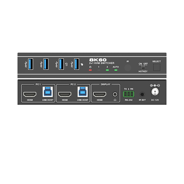 NÖRDIC 8K60Hz KVM-switch 2 till 1 stöder UltraWide moitors 4xUSB-A Svart