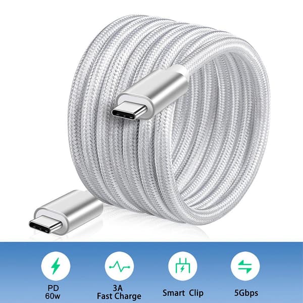 NÖRDIC 2m USB C 3.1 USB C Nylon Braid Cable Quick Lataus 3A Gen1 5Gbps Power Delivery PD 60W Valkoinen Silver