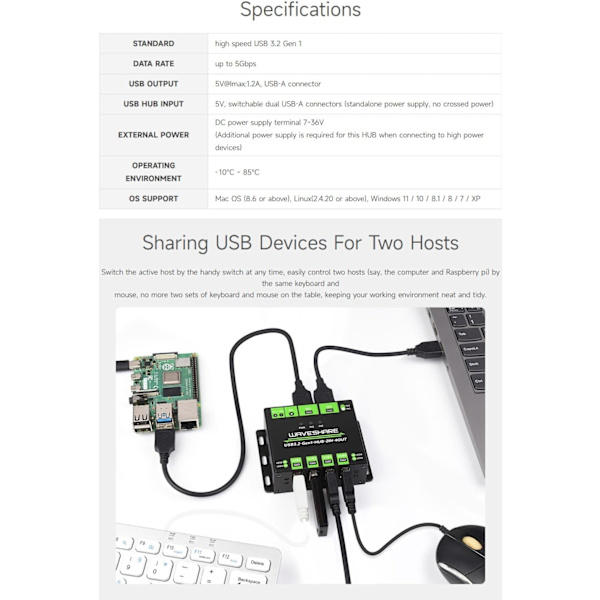 Industriel USB HUB til 2 computere til 4 USB 3.2-porte, skiftbar, monterbar, kompatibel med Windows Linux Mac